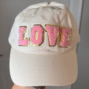 Steve Madden Cream Cap with Pink and Gold LOVE Design